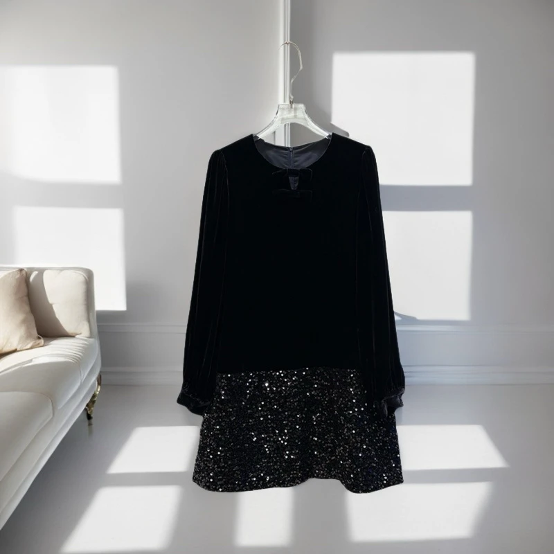 亮片拼甜美蝴蝶节100%桑蚕丝真丝丝绒连衣裙小黑裙