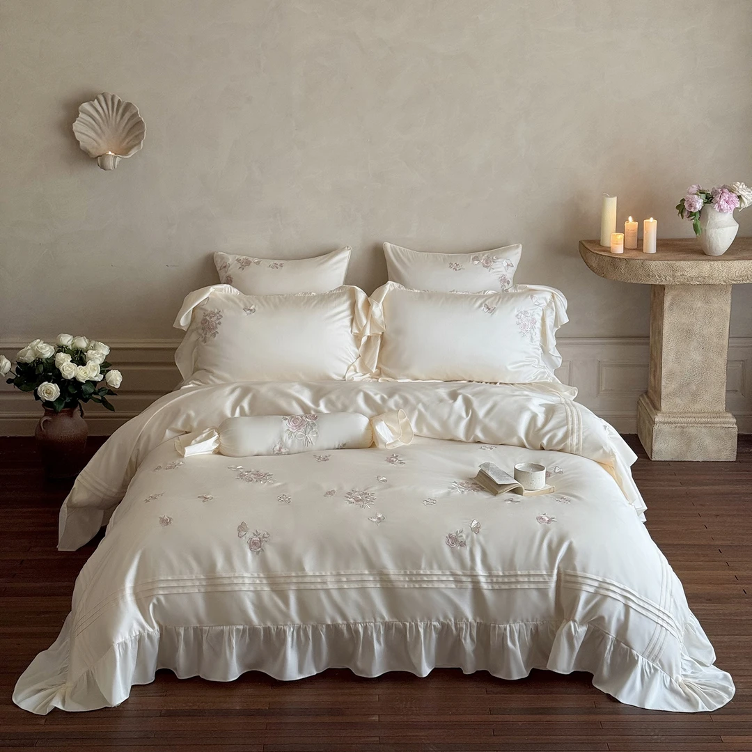 轻奢法式新款100高支全棉长绒棉四件套床上用品床单款-花溪