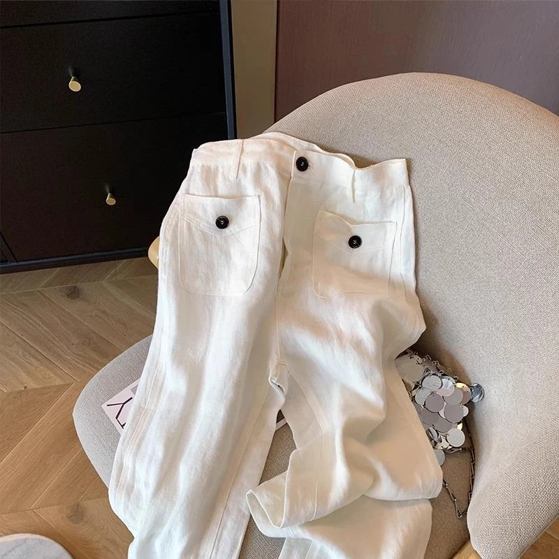 白色双口袋亚麻老钱风休闲裤女2025夏季高腰直筒显瘦薄款阔腿裤子