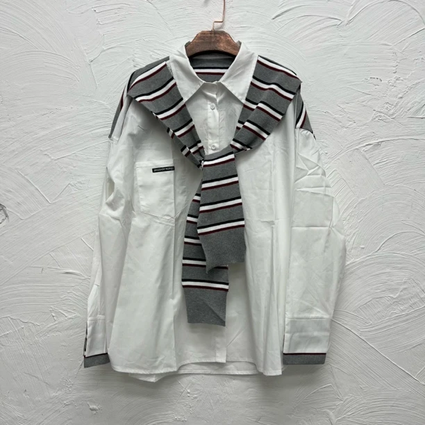 2825新款针织披肩大码衬衫百搭显瘦宽松长袖中长款时尚