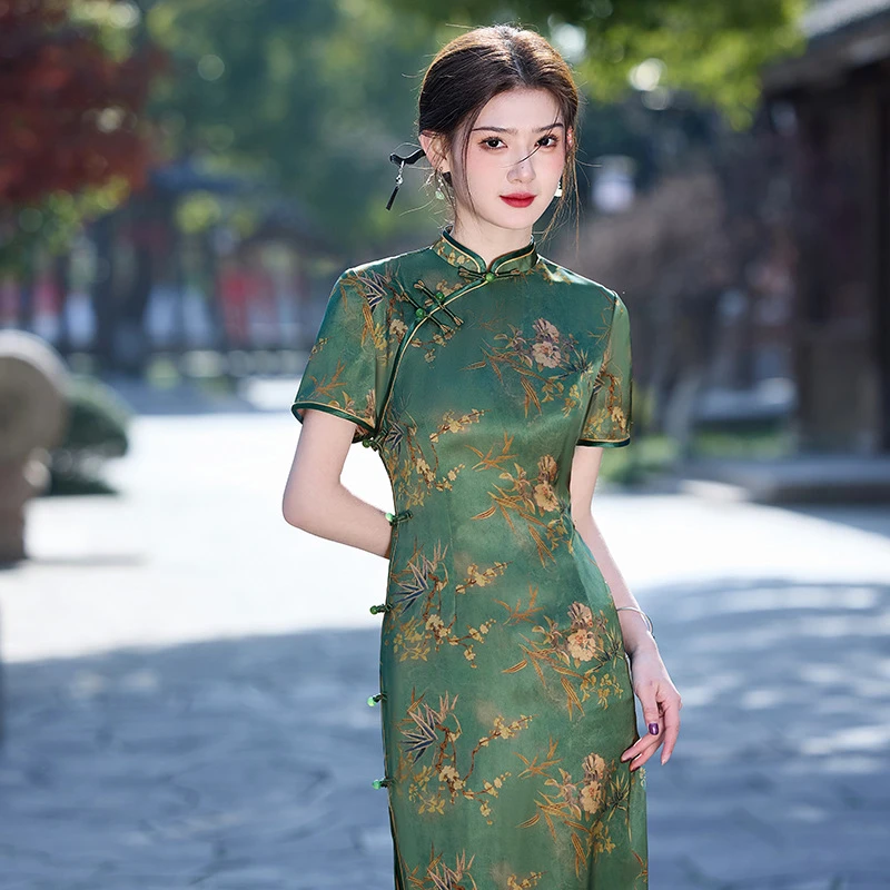 双层长款优雅复古改良春夏绿色醋酸民国风气质修身名媛旗袍中式裙