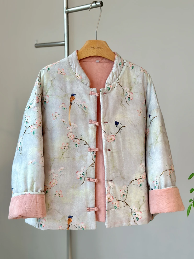 年轻国风粉色新中式外套夹棉复古盘扣小个子棉衣秋冬双面穿棉服