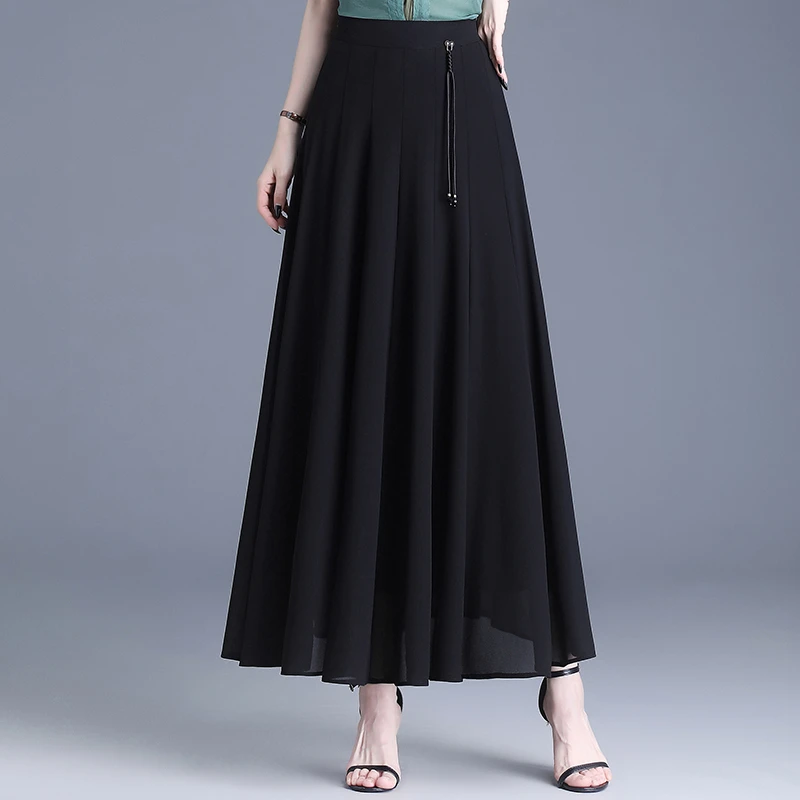 黑色雪纺长裙半身裙女夏季2025新款高腰垂感显瘦a字裙气质大摆裙