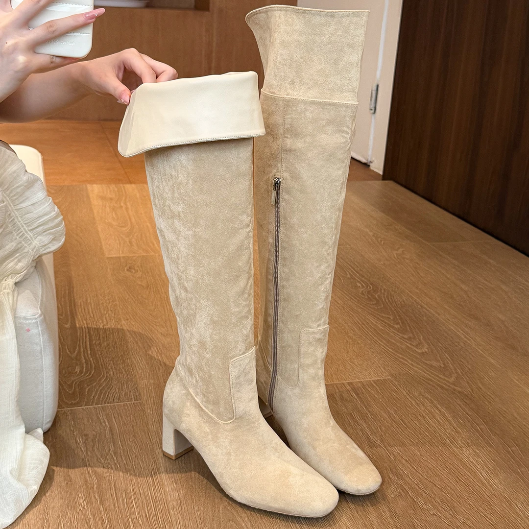 elingstudio 法式香草！经典两穿杏色方头高跟长靴女秋季过膝靴子