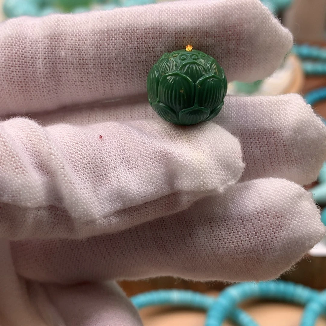 绿松石未镶嵌珠宝奇石菜籽玉化翠绿莲花珠13.8*12.8mm