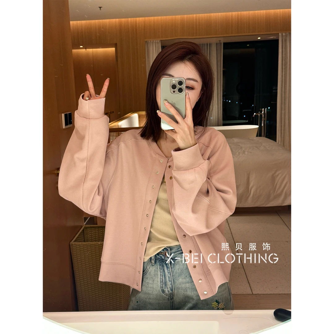 【浮浮款-只出不进】短款圆领纯色休闲单排扣长袖开衫外套 D10201