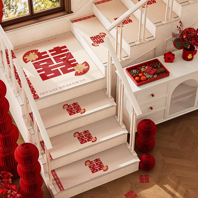 款红色喜字结婚喜庆楼梯垫新居家台阶防滑氛围硅藻泥吸水垫可裁剪