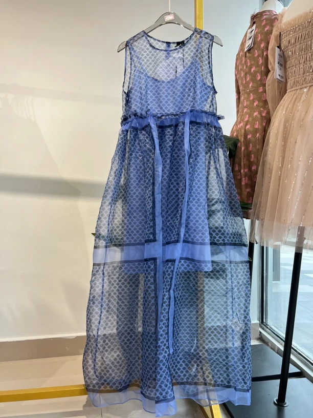 H袖 欧根纱两件套连衣裙蓝色波点印花高腰无袖背心连衣裙娃娃长裙