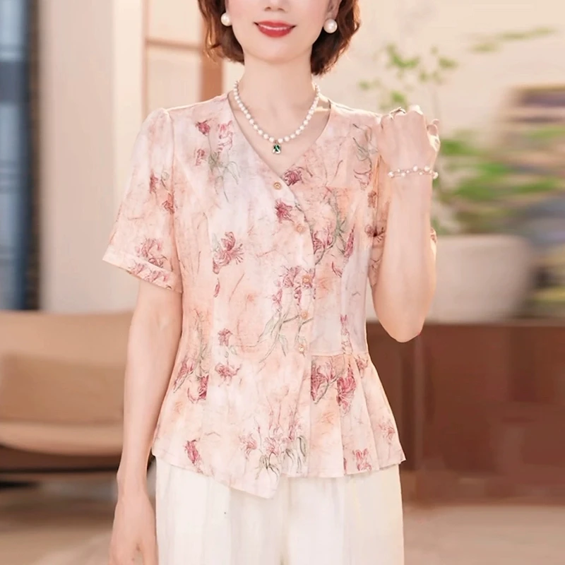 新款洋气中老年女装时尚夏装两件套洋气妈妈夏季碎花气质上衣套装