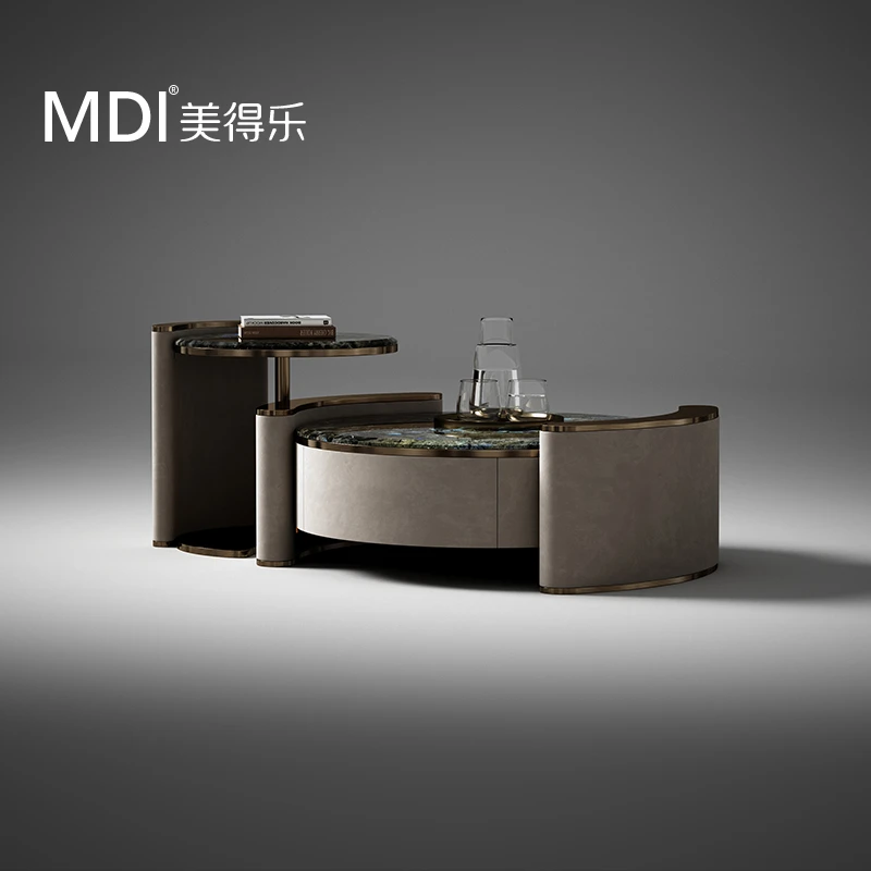 美得乐大小圆现代设计意式轻奢天然奢石黑胡桃木圆茶几组合别墅