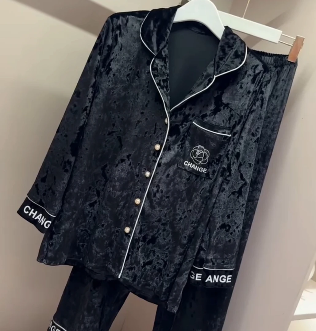 轻奢高级翻领花朵口袋衣服裤子家居服套装