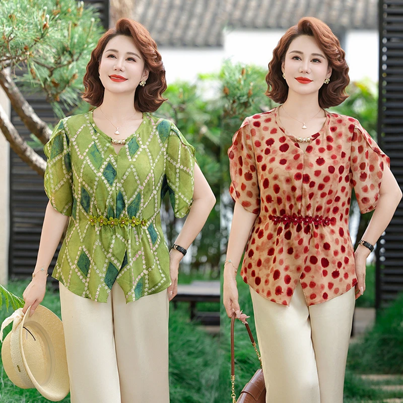 妈妈装夏装2025新款短袖T恤中老年人女装夏季时尚两件套中年套装