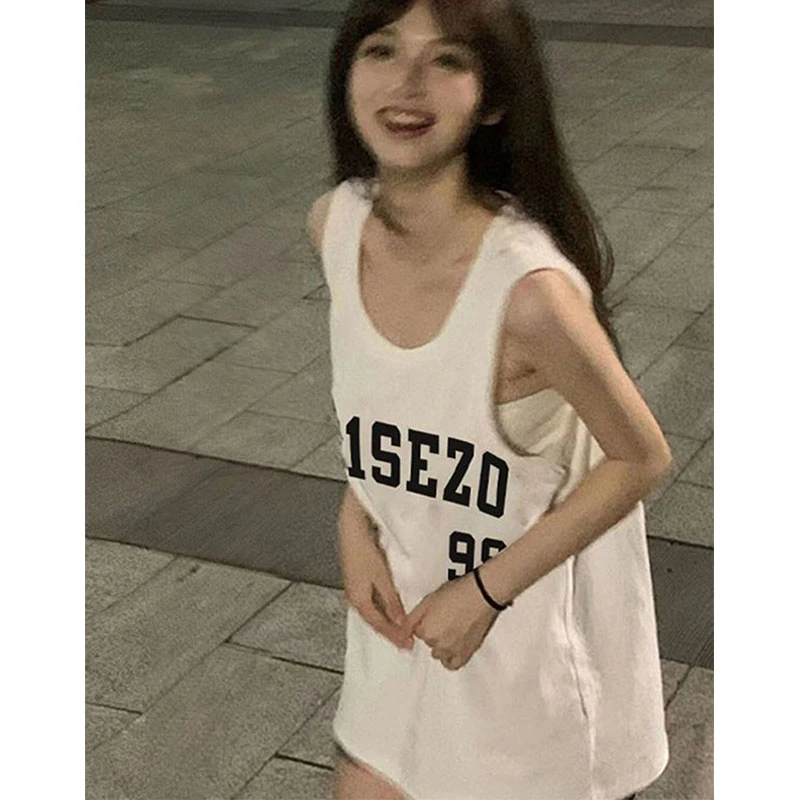 美式慵懒风设计感字母印花白色外穿坎肩背心T恤女小个子宽松上衣