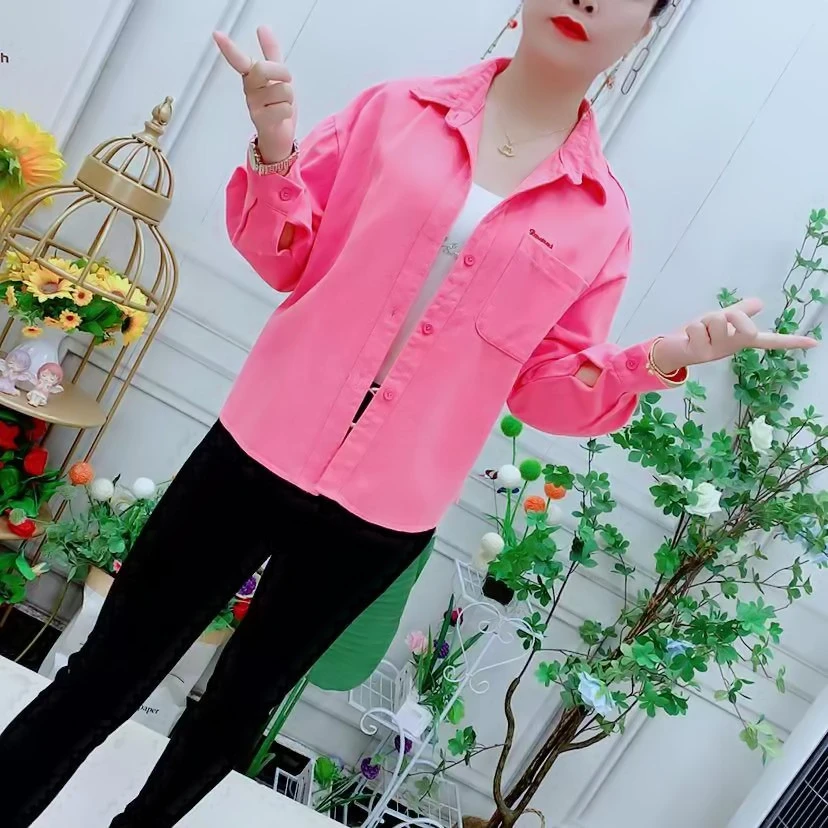 春秋新款Polo领衬衫纯色长袖时尚外套上衣显瘦宽松休闲百搭衬衣女