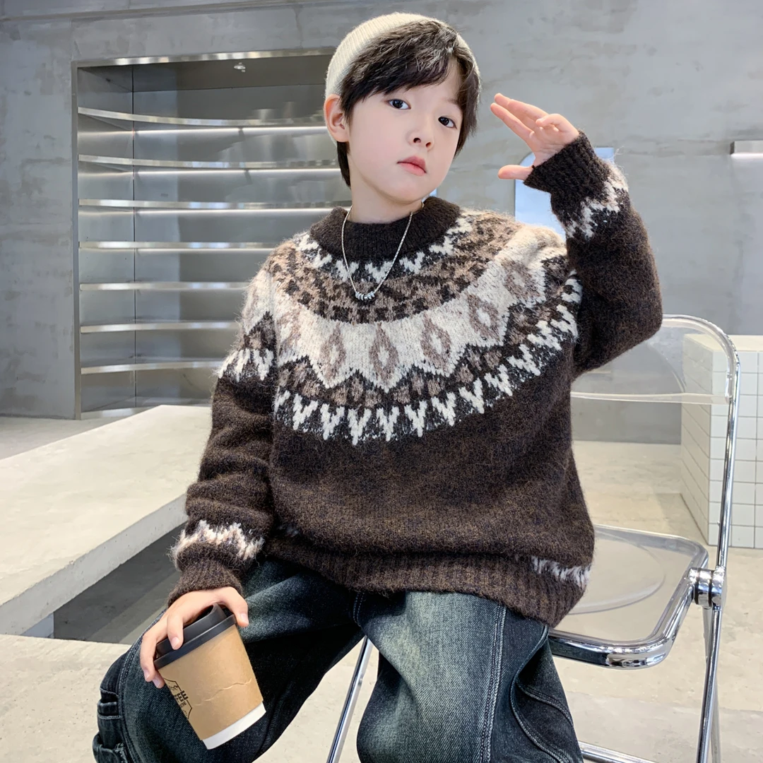 2025高品质男童青少年新设计费尔岛提花加厚冬季慵懒风套头毛衣