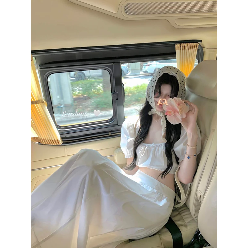 白水女公主日记方领衬衣女白色半身裙修身显瘦套装 B50247989