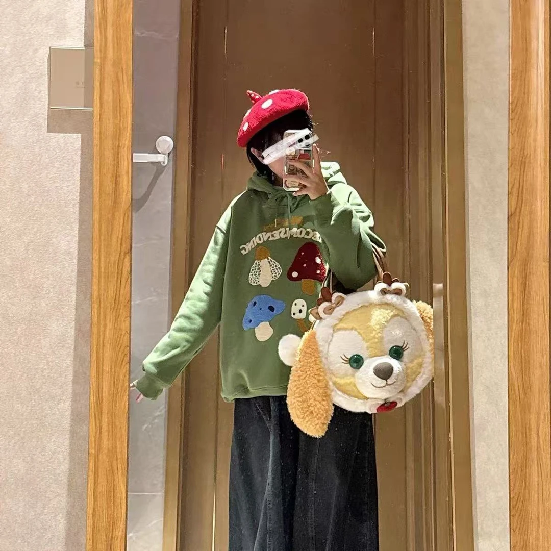 300斤可爱蘑菇植绒软妹童趣学生减龄连帽卫衣女秋冬大码休闲上衣t