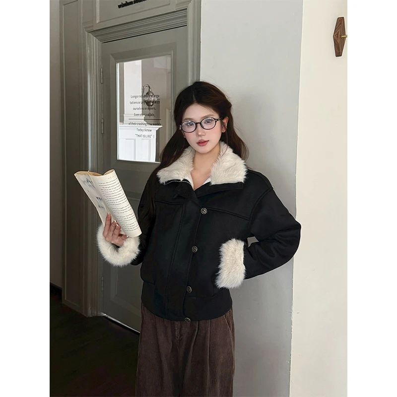 黑色修身皮毛一体夹克外套女2025秋冬季ins加厚保暖毛领短款上衣