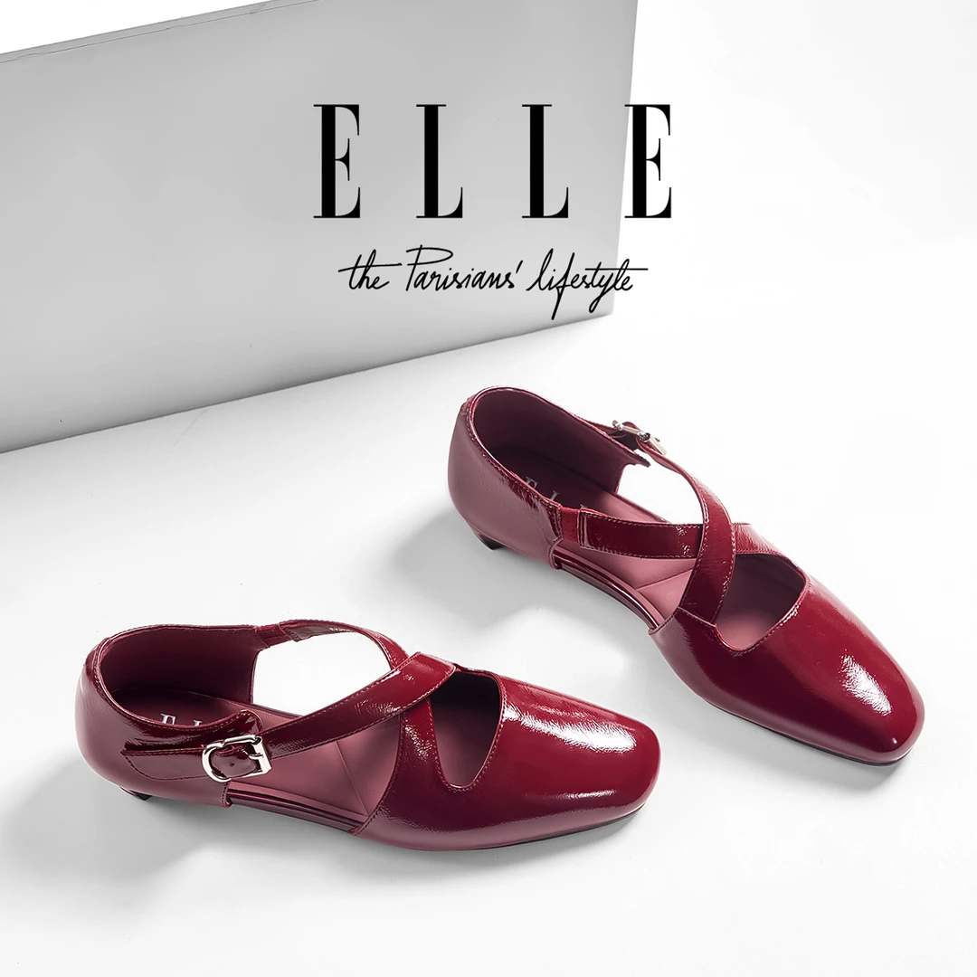 ELLE法式红色玛丽珍鞋女2025秋季新款小皮鞋交叉设计芭蕾浅口单鞋