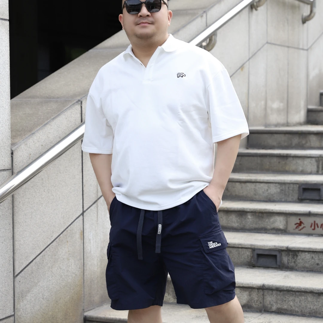 ANDREM宽松短袖polo衫夏季新款小犀牛刺绣小标钮扣纯色翻领大码男