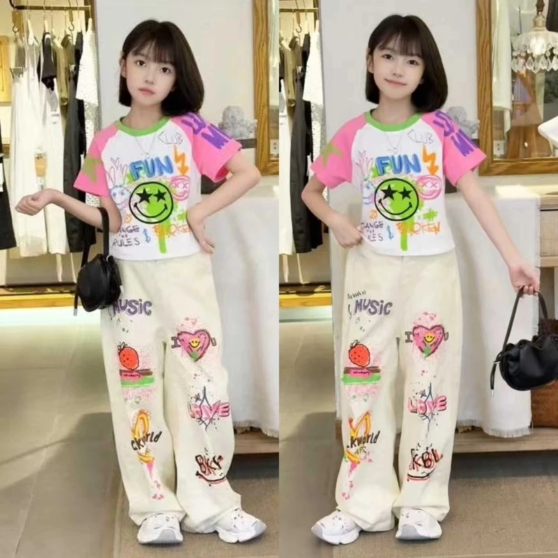 女童夏季潮酷个性涂鸦阔腿裤直筒休闲裤中大童拼色短款短袖两件套