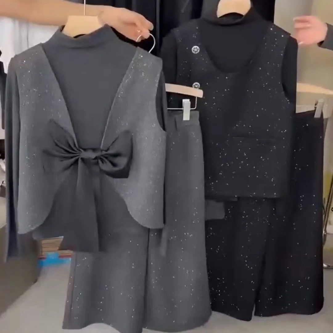 气质洋气马甲套装蝴蝶结新款阔腿裤sy