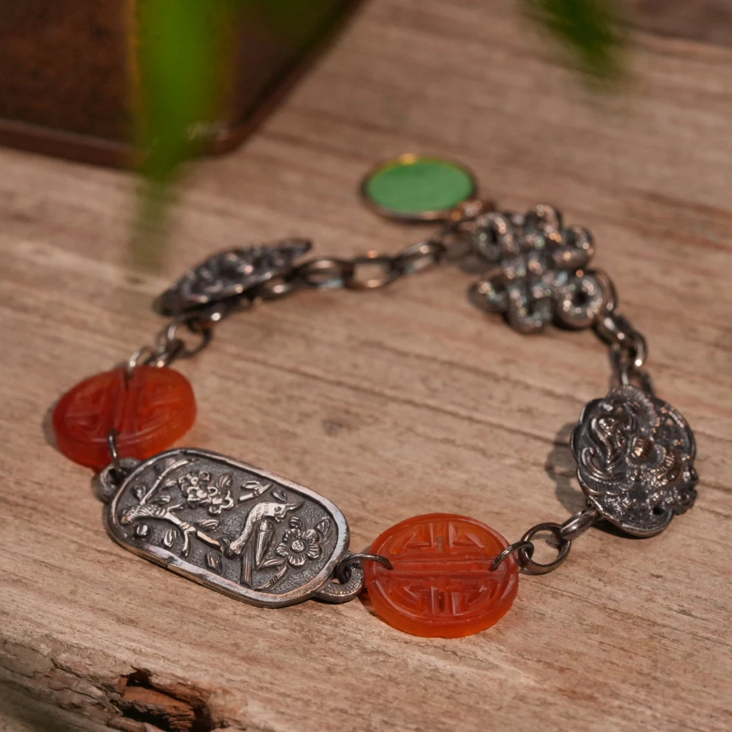 【惜拾妆匣】925银錾刻喜鹊登梅镶嵌团寿玛瑙阳绿翡翠多宝手链