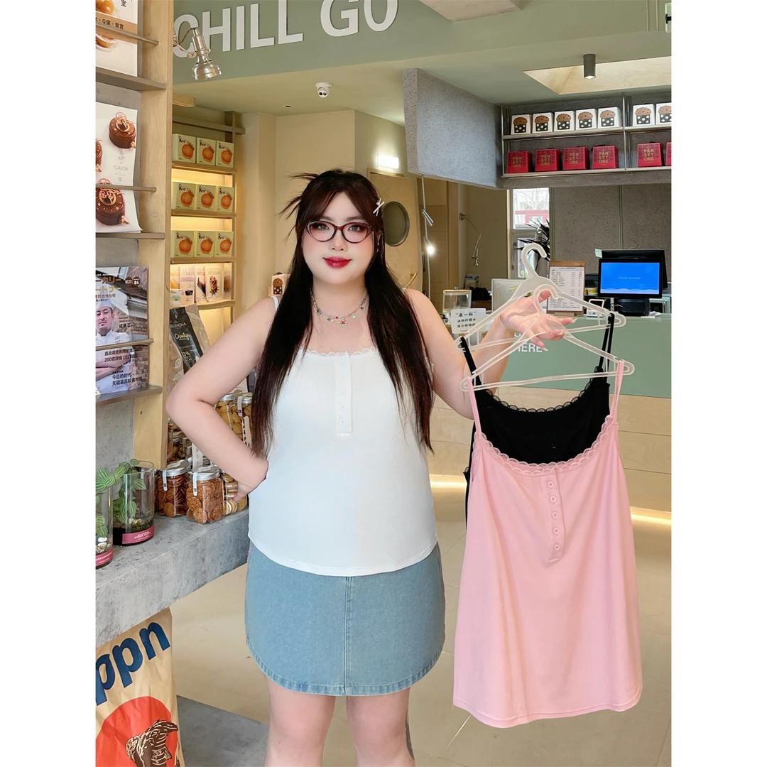 蜜柑列车 / 蕾丝拼接款韩系吊带14516花契大码200斤胖mm夏季休闲