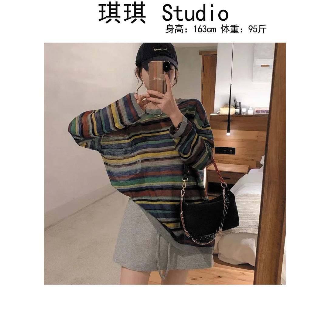 《琪琪家》早秋新款重工设计感宽松显瘦减龄圆领拼色条纹上衣-CS