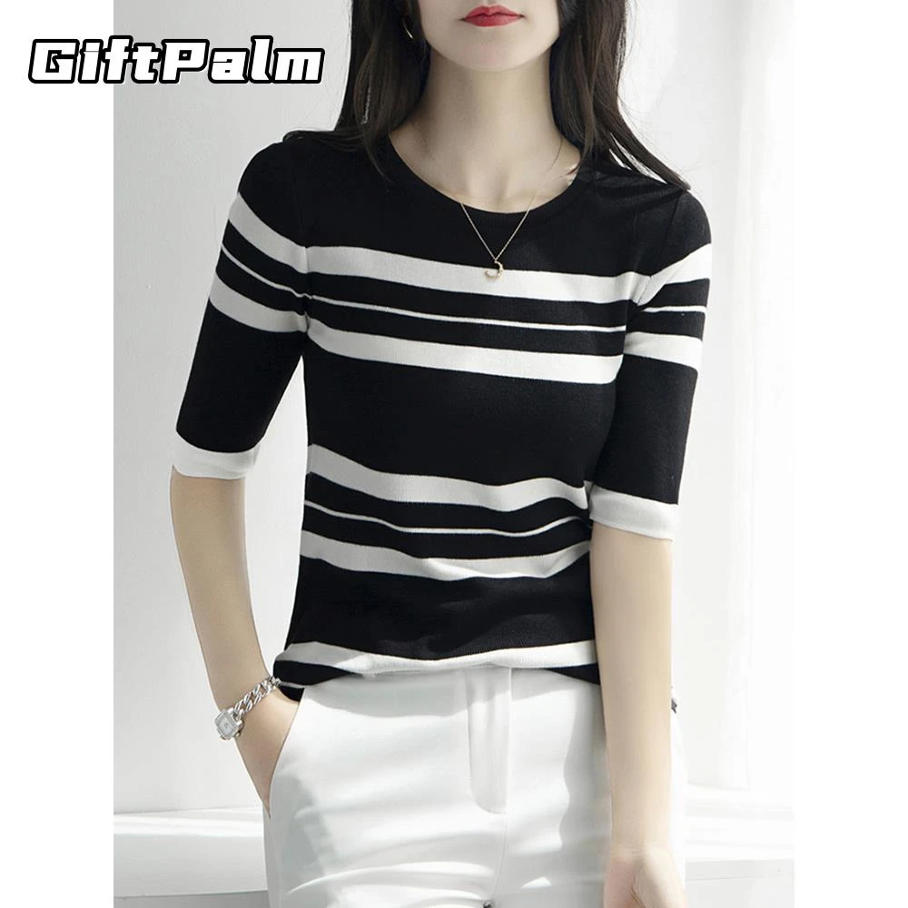 GiftPalm新款黑白条纹中袖T恤女冰丝针织衫修身半袖打底衫法式女