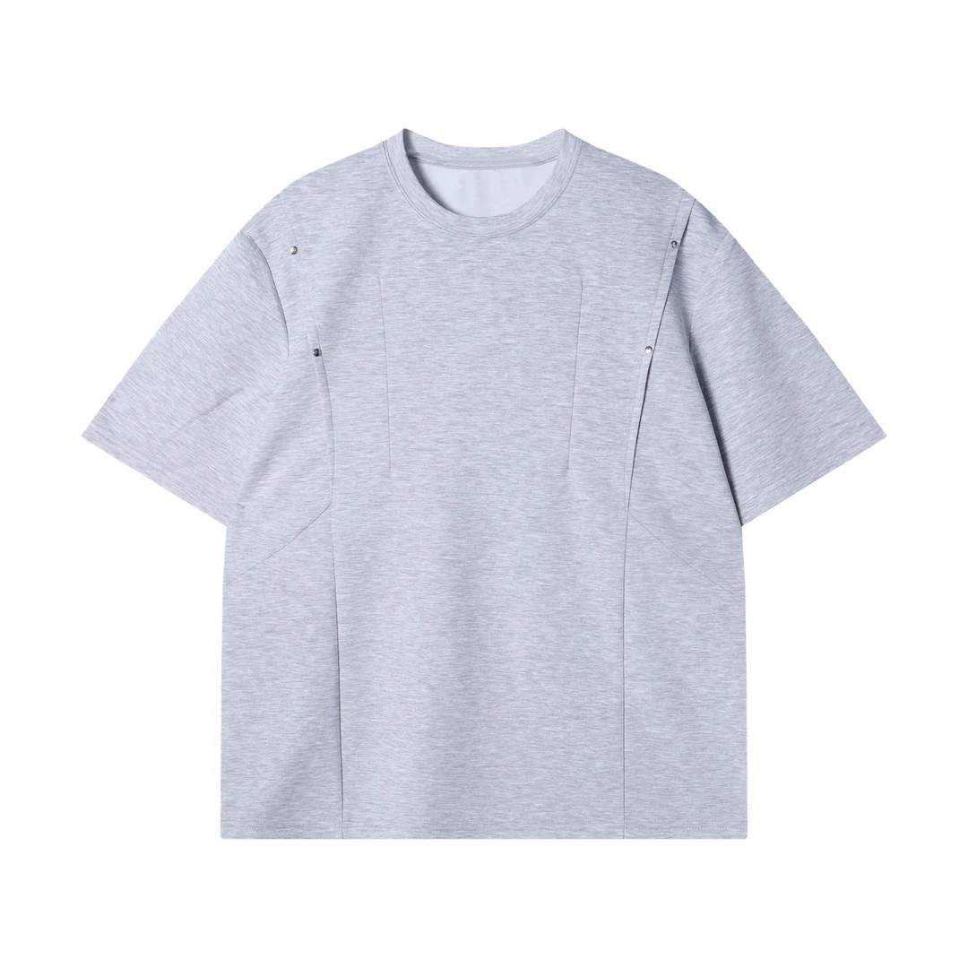 夏季高级感新款潮牌铆钉褶皱圆领短袖T恤百搭宽松时尚套头上衣