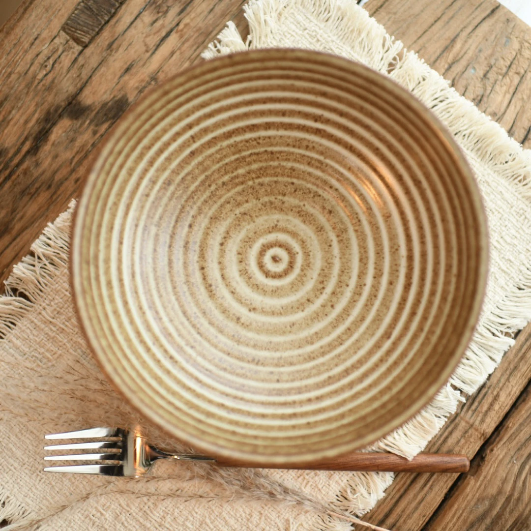 岁月窑变7英寸螺纹深口盘拌面碗釉下彩芝麻釉点工艺