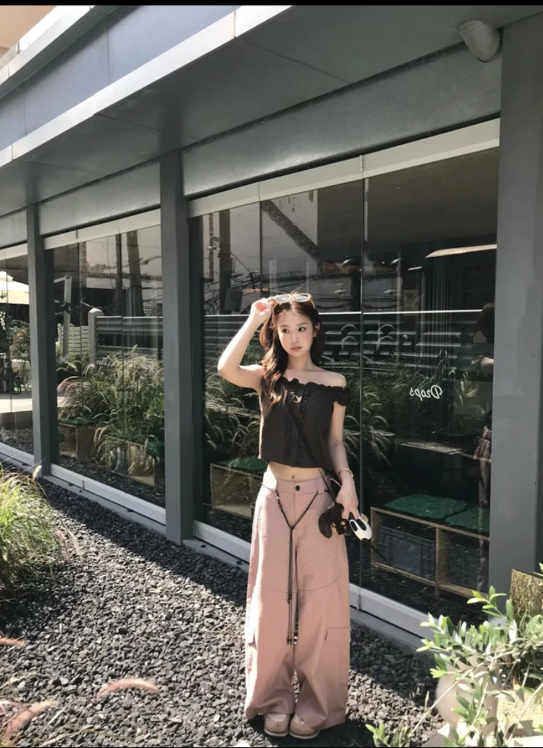 夏季新款洋气衣服女韩系甜美露肩小衫修身显瘦上衣小众设计直筒裤