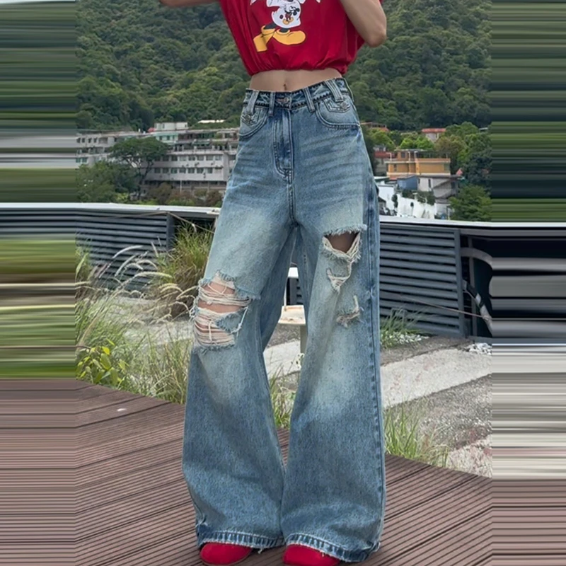 直筒阔腿破洞美式高街2025夏季新款梨形身材高腰宽松牛仔裤女薄款