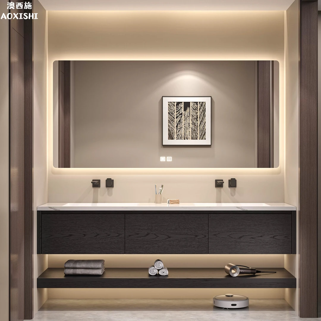 澳西施黑木纹意式极简浴室柜组合岩板无缝一体盆卫生间洗漱台定制