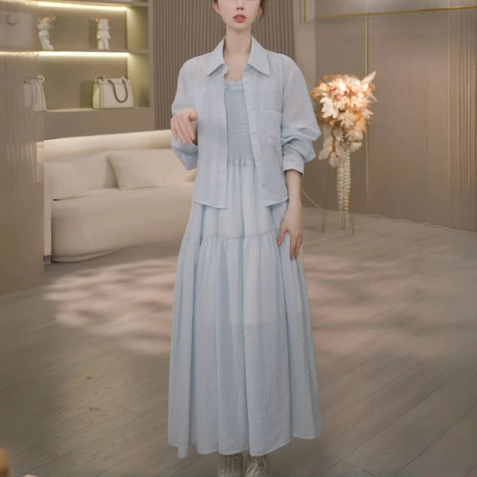 2025夏季新款小个子气质显瘦薄款防晒开衫上衣吊带裙子两件套装女