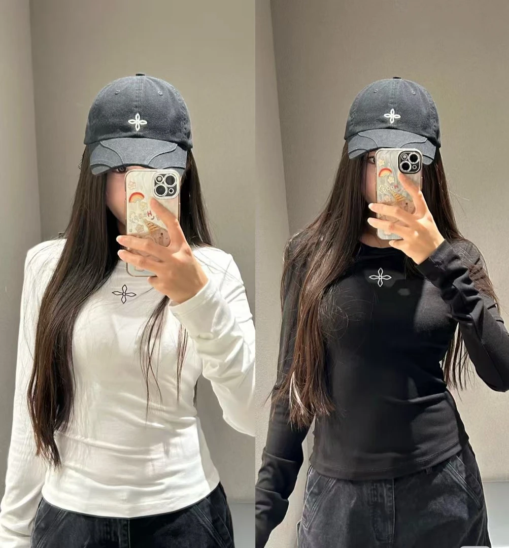 经典十字花醋酸修身上衣 黑白两色纯色长袖T恤衫修身显瘦