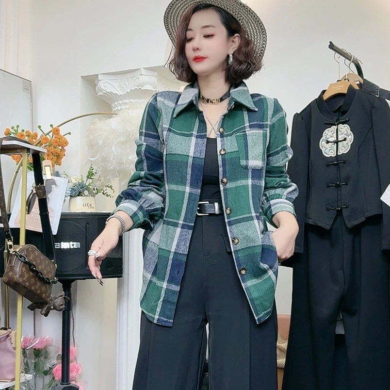 Q25 90800 格子衬衫女新款长袖时尚复古内搭衬衣女款