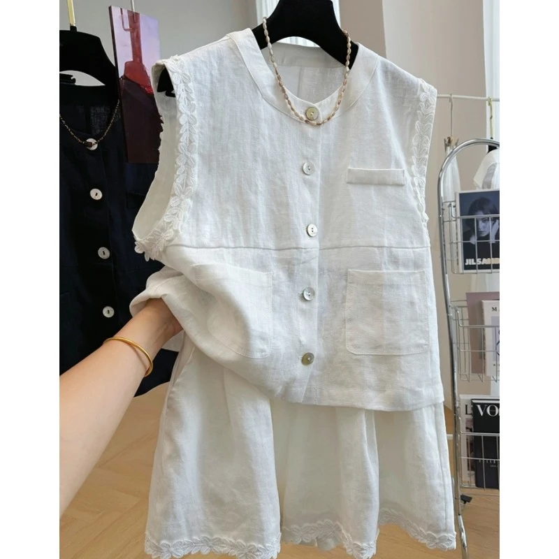 00292今年流行的盐系轻熟亚麻背心短裤两件时尚套装女夏季一整套
