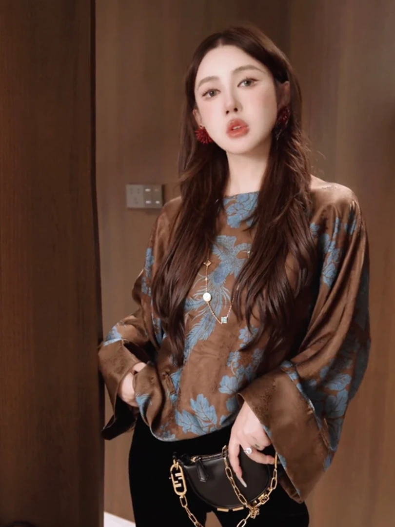 新中式国风撞色印花长袖衬衫女装2025秋季新款气质名媛超好看上衣