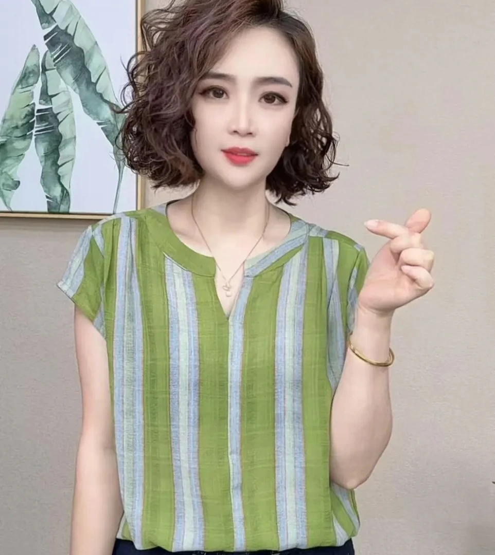 （绿条纹）2025新款时尚减龄显瘦女气质短袖休闲T恤上衣