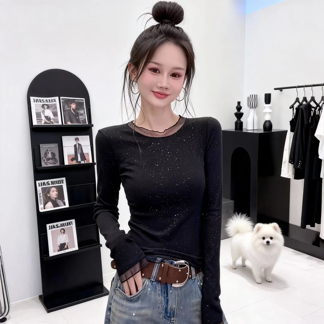 大码韩系圆领网纱徳绒打底衫女秋冬内搭微胖修身设计感亮片上衣