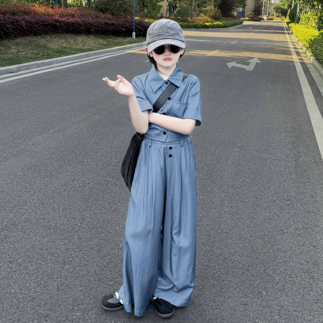 女童2025夏季洋气时髦女中大童薄款垂感休闲日常衬衣阔腿裤两件套
