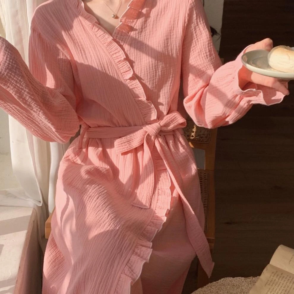 睡袍轻奢春秋季新款韩版简约甜美荷叶边长袖中长款居家服睡衣2589