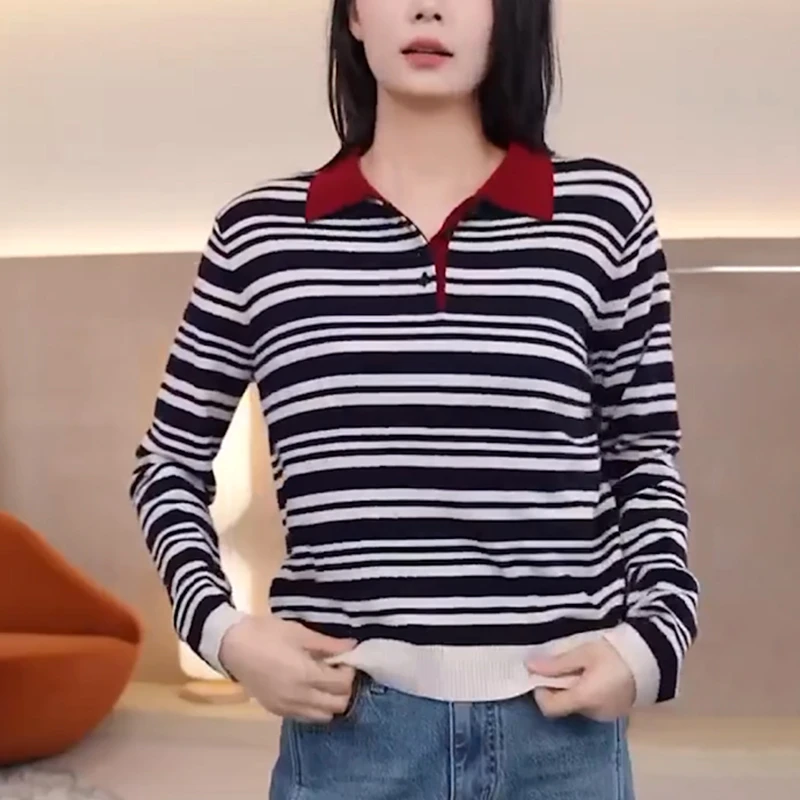2025早秋新款女士条纹长袖T恤撞色polo领针织衫时尚减龄显瘦上衣