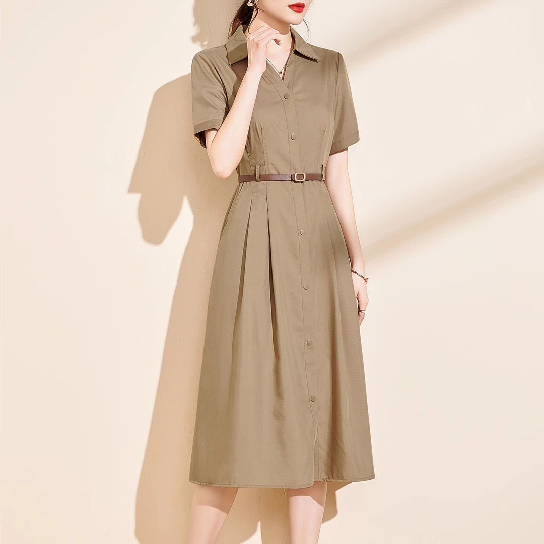 休闲翻领衬衫连衣裙女夏2025新款a字复古翻领短袖收腰显瘦中长款