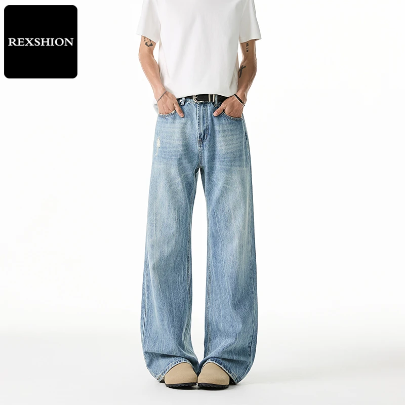 REXSHION秋季复古牛仔裤水洗高街时尚潮流百搭显腿长直筒阔腿男裤
