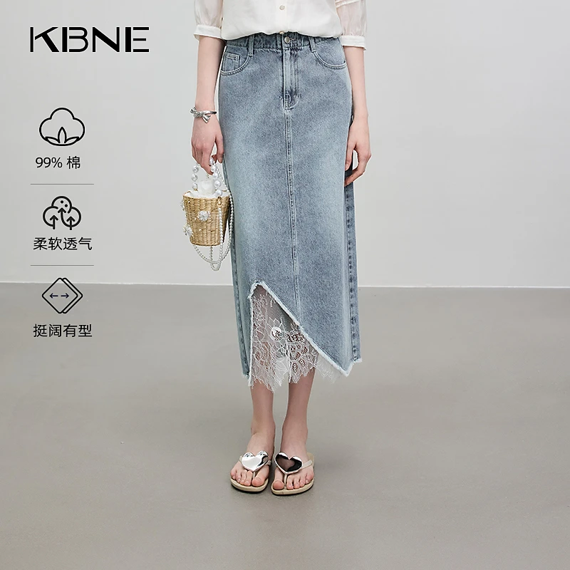 KBNE半身裙裙子女款爆款2025新款高级感拼接不规则开叉牛仔半裙