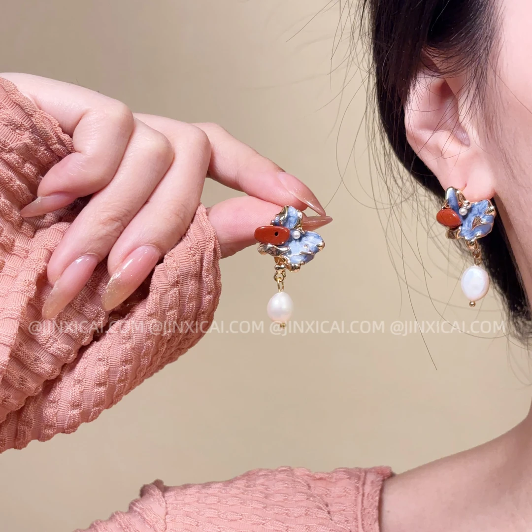 合金耳饰 【柏林花事】JXC金喜彩复古轻奢中古珐琅彩滴釉耳钉6043