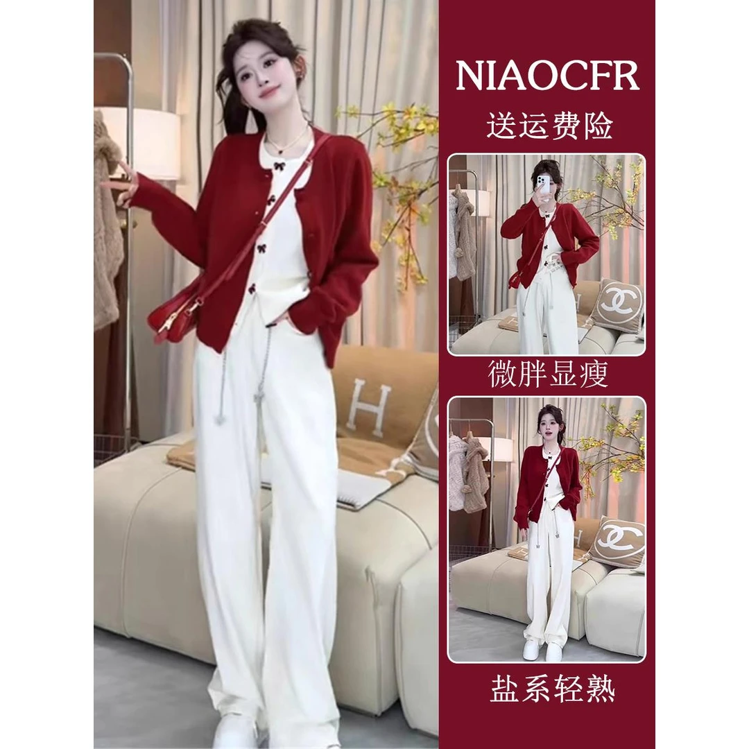 搭配一整套秋冬装设计感小众圣诞蝴蝶结红色假两件毛衣开衫两件套